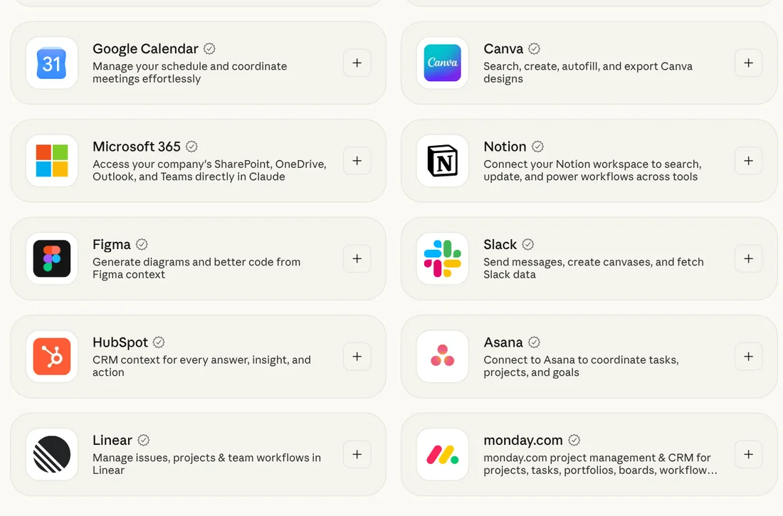 Claude's connector directory with Google Calendar, Canva, Microsoft 365, Notion, Figma, Slack, HubSpot, Asana, Linear and monday.com