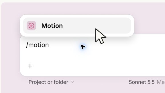 Official Anthropic screenshot showing the /motion command and Motion menu option in the Claude message box