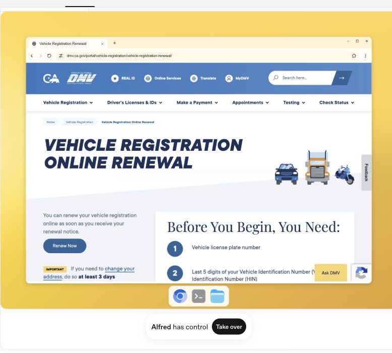 OpenAI Dots cloud computer illustration showing the DMV page and Take over button