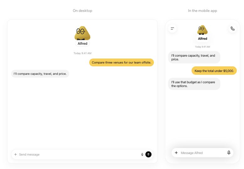 Official Dots illustration with desktop and mobile conversations about comparing offsite venues