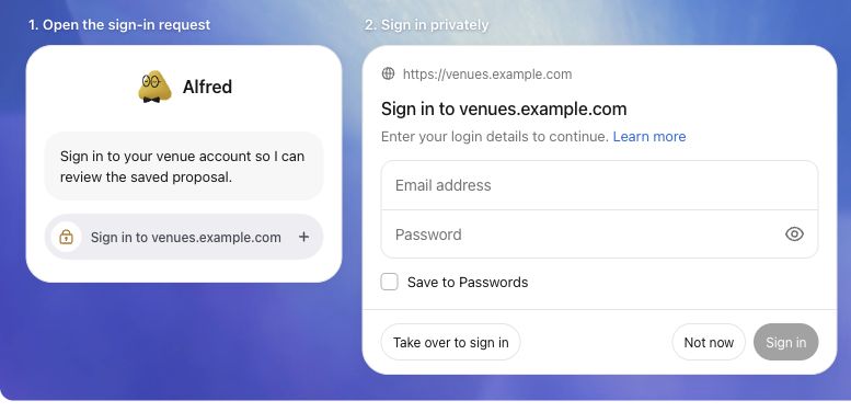 Official Dots illustration of a sign-in request and private login dialog with Take over to sign in