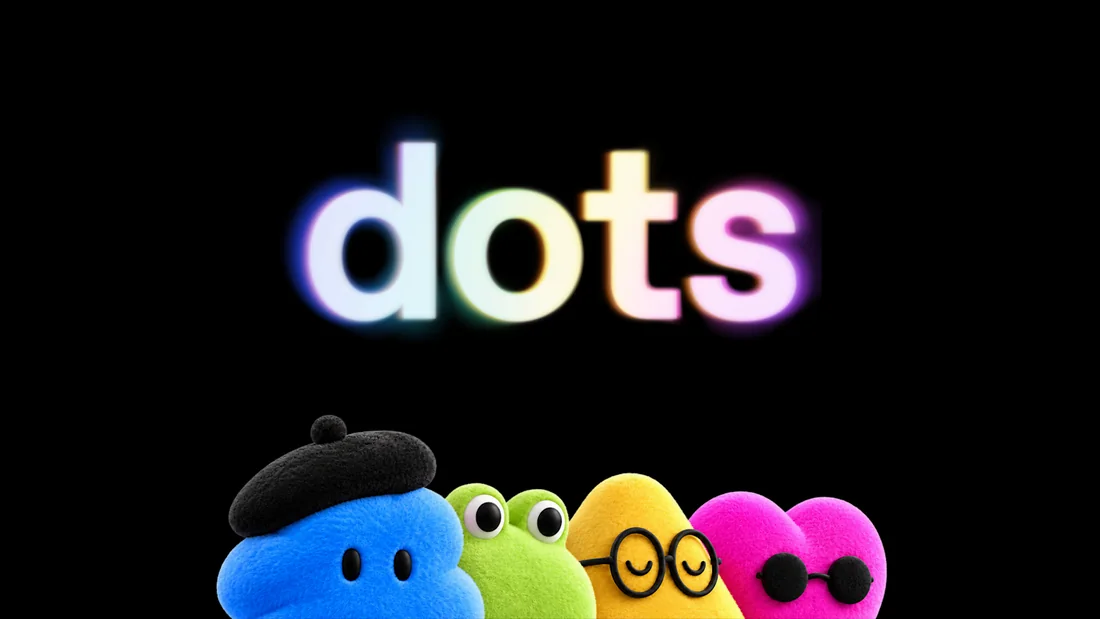 OpenAI's launch artwork for Dots: the word dots above four plush characters