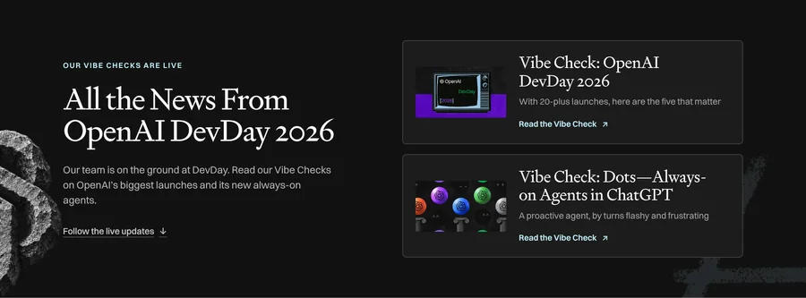 Every's DevDay page with the Vibe Check: Dots, always-on agents in ChatGPT