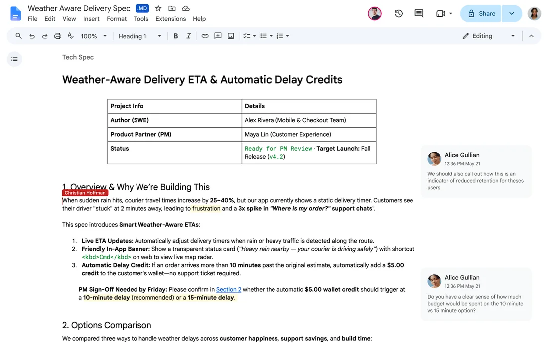 Google's example: a Markdown spec open in Google Docs with the .MD badge, a table and two comments