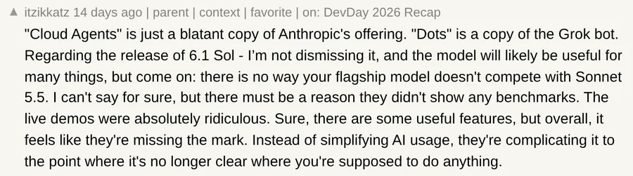 Hacker News comment by itzikkatz on the DevDay recap