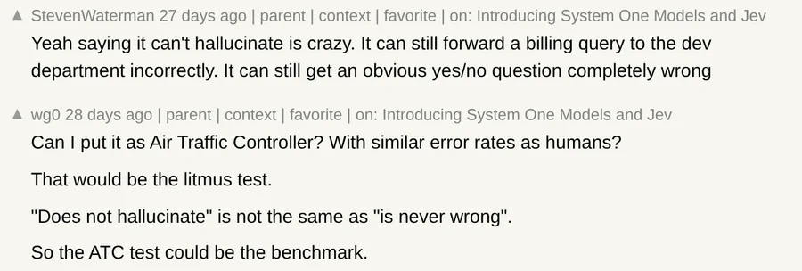 Two Hacker News comments criticising the claim that Jev cannot hallucinate
