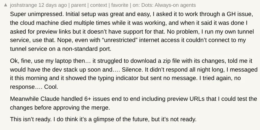 Hacker News comment by joshstrange about testing Dots