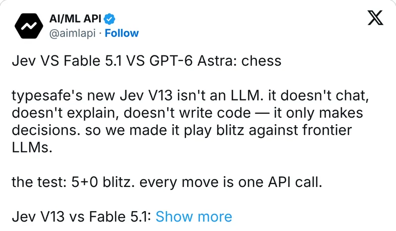 AI/ML API on X: Jev versus Fable 5.1 versus GPT-6 Astra at chess