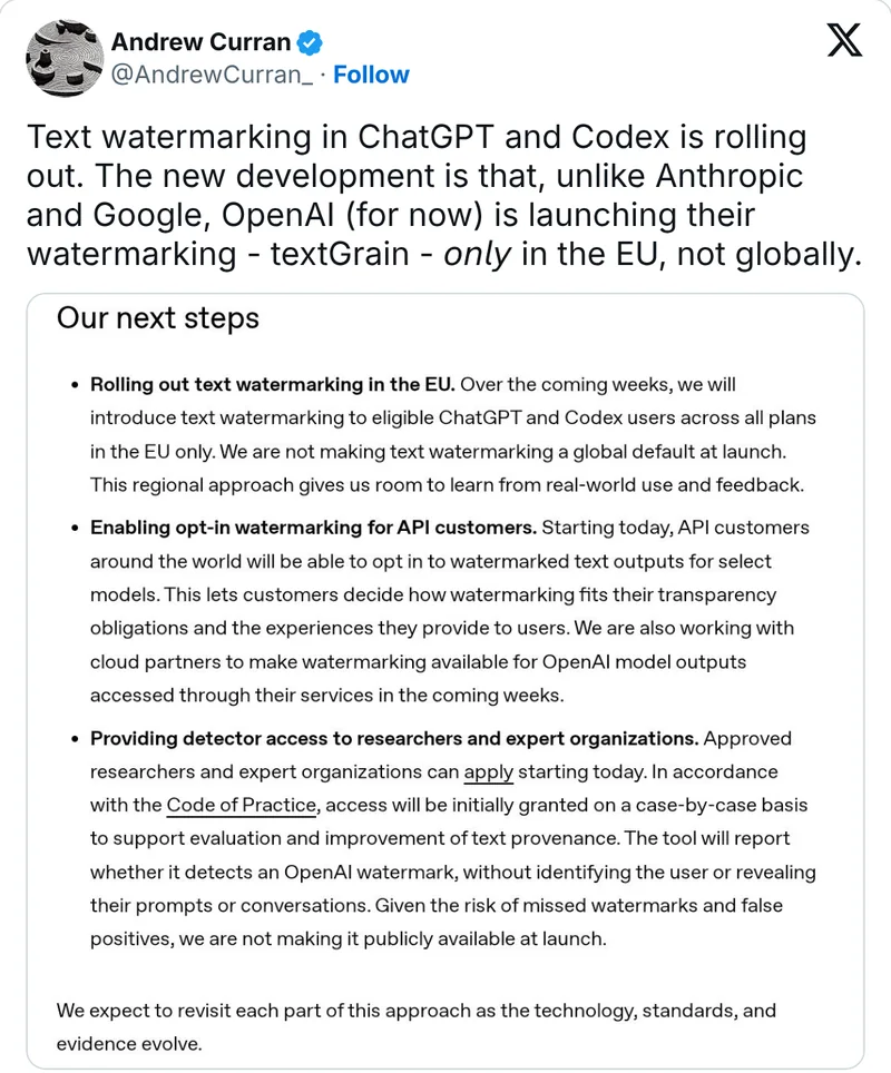 Andrew Curran's post on X with OpenAI's next steps for EU text watermarking