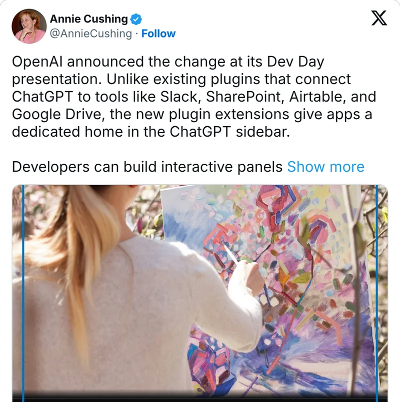 Annie Cushing on X about ChatGPT plugin extensions