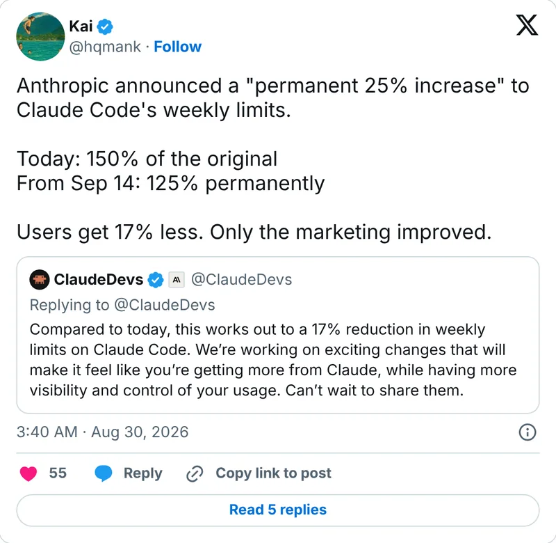 Kai on X about Claude Code's weekly limit change