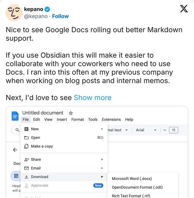 kepano on X in July 2024, with the Google Docs download as Markdown menu
