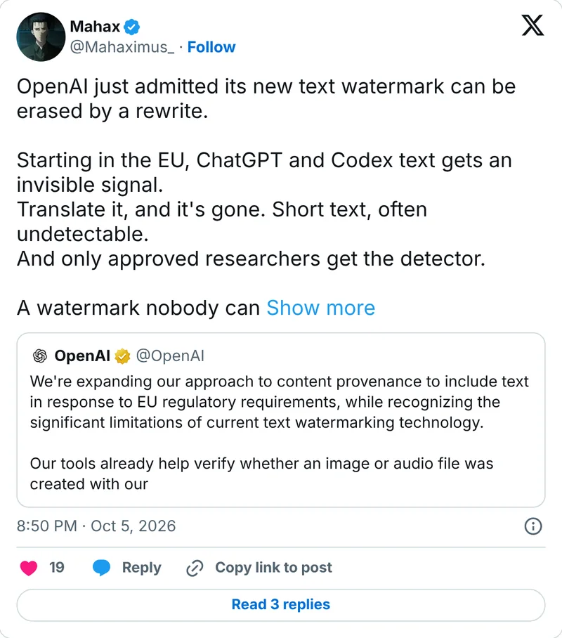 Mahax's post on X: OpenAI just admitted its new text watermark can be erased by a rewrite
