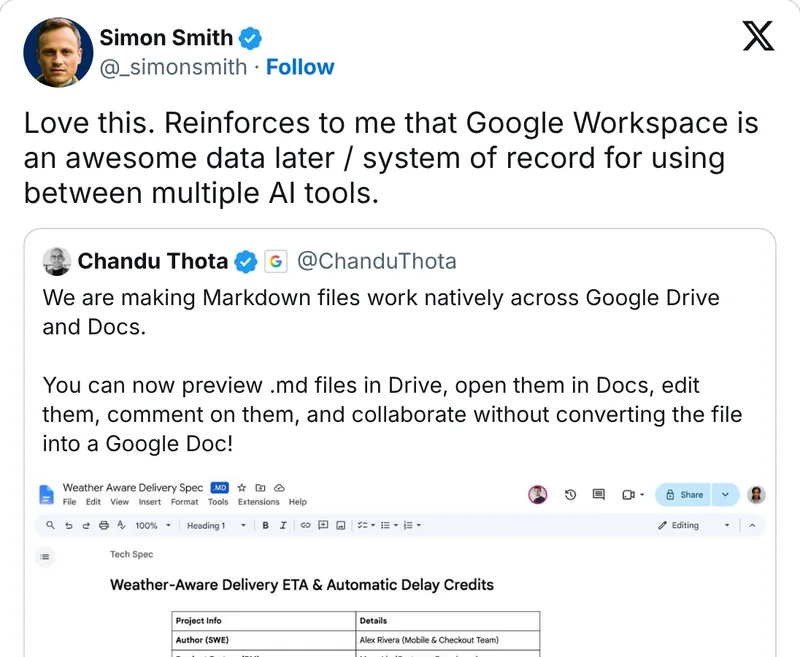 Simon Smith on X about Google Workspace as a system of record for AI tools