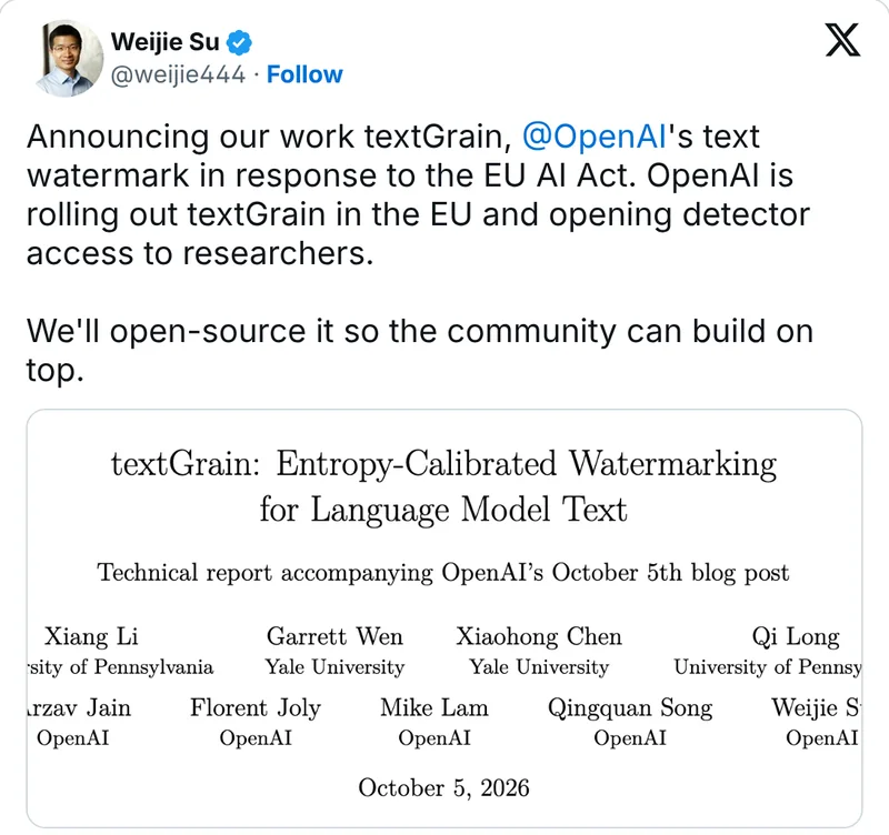 Weijie Su's post on X announcing textGrain, with the first page of the technical report
