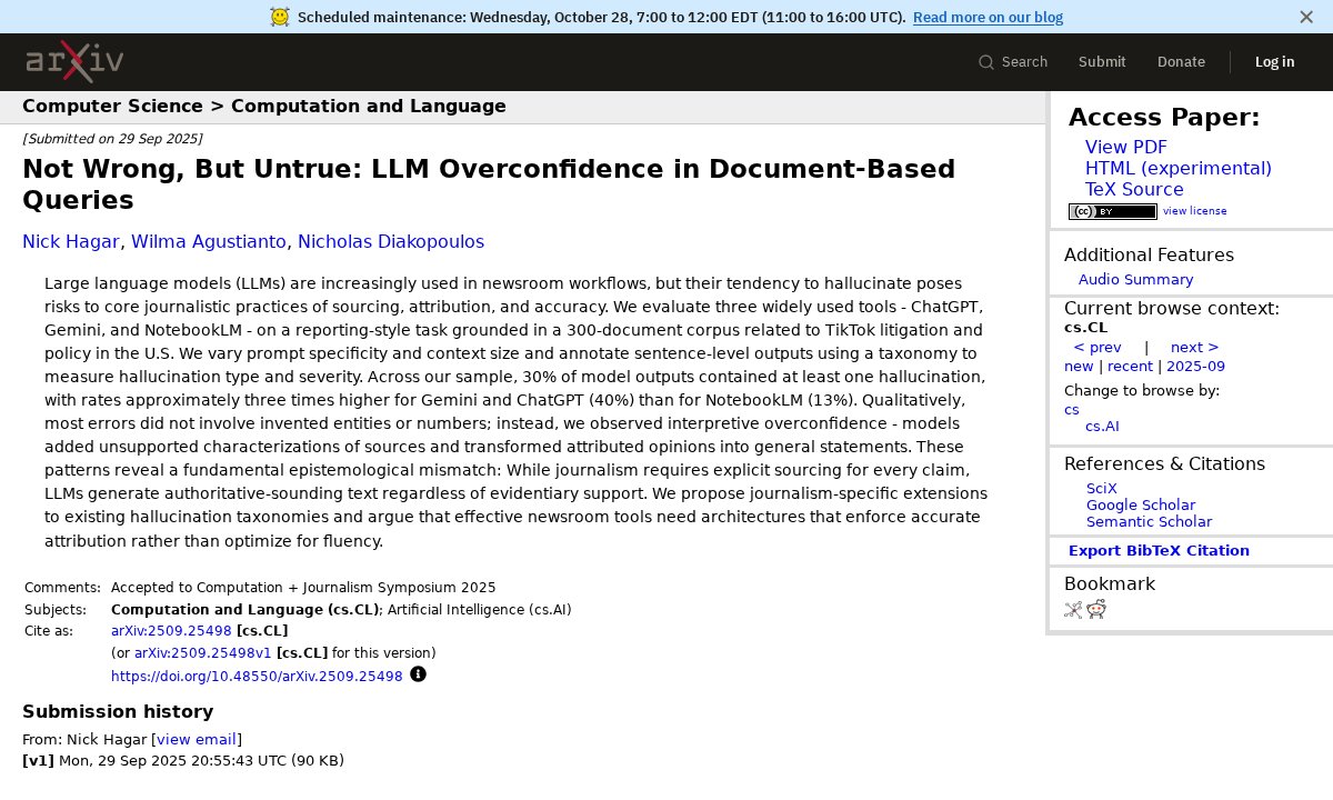 arXiv paper: Not Wrong, But Untrue: LLM Overconfidence in Document-Based Queries
