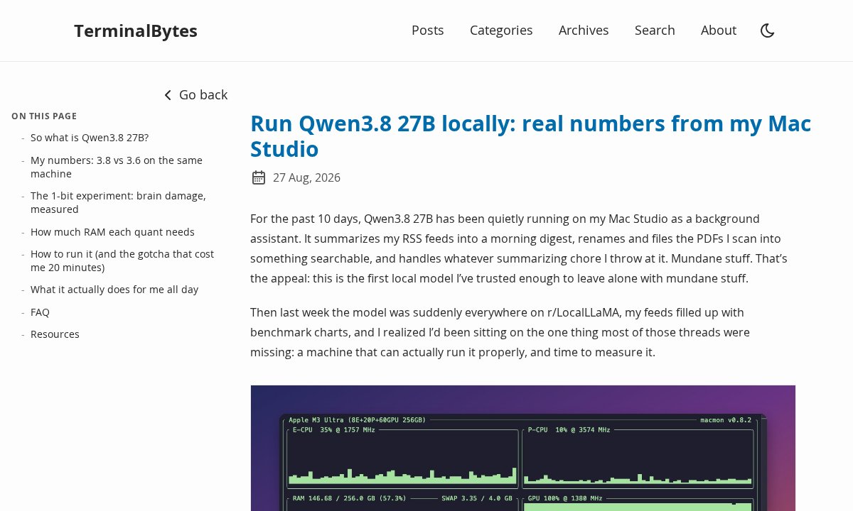 TerminalBytes: Run Qwen3.8 27B locally: real numbers from my Mac Studio