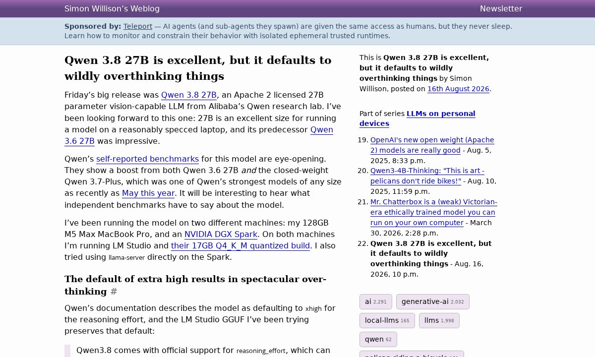 Simon Willison: Qwen 3.8 27B is excellent, but it defaults to wildly overthinking things