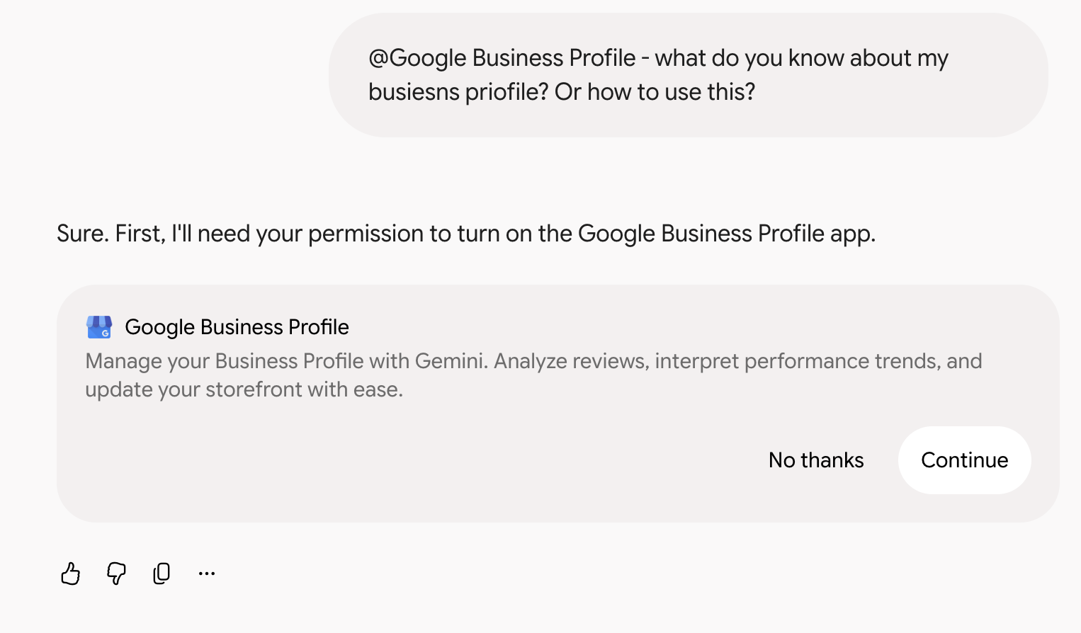 Egils's Gemini screenshot showing the Google Business Profile permission card and Continue button
