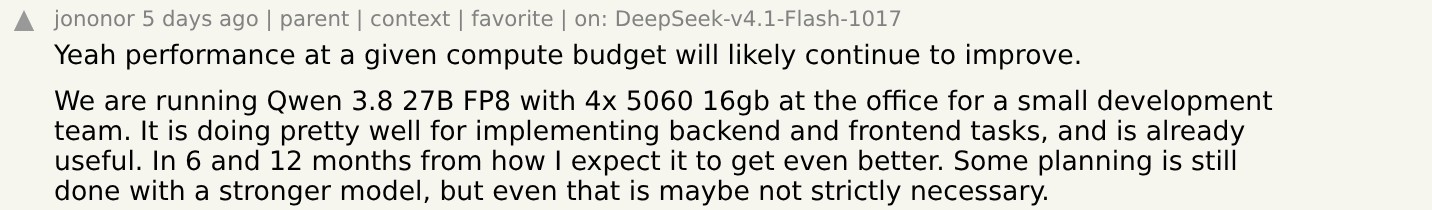 Hacker News comment by jononor on running Qwen 3.8 27B in the office