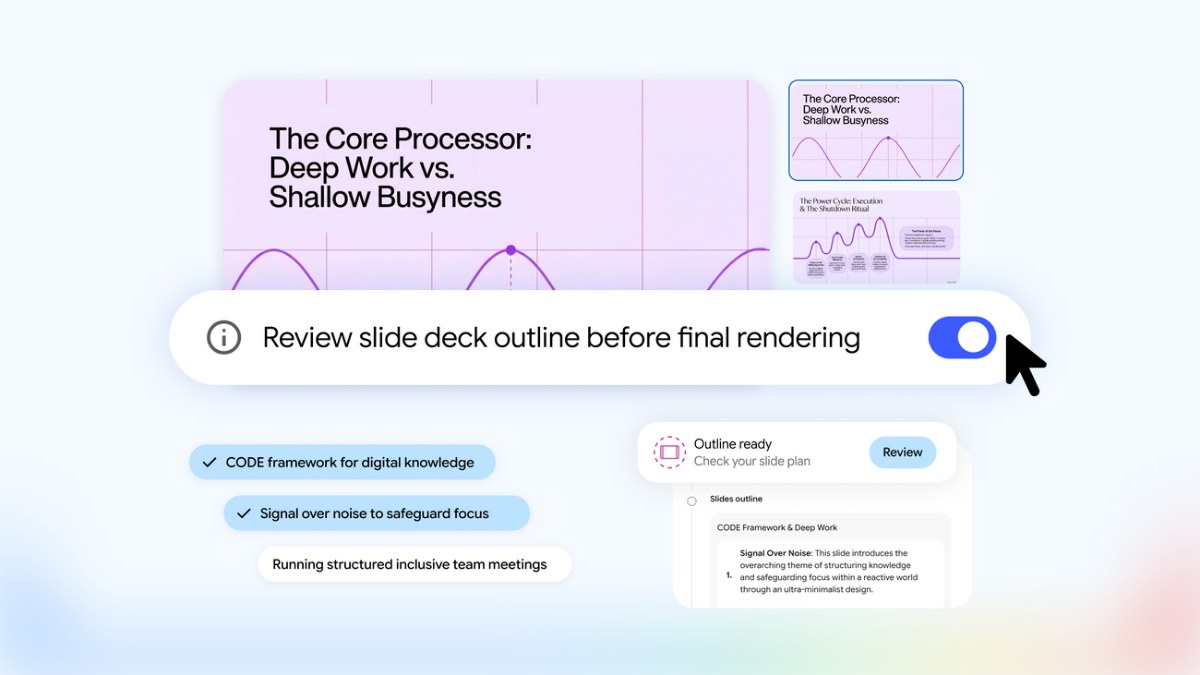 Google's image of the Review slide deck outline toggle in Gemini Notebook
