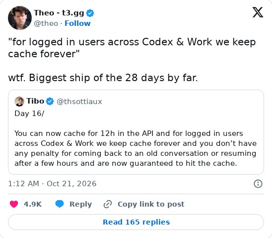 Theo on X quoting Tibo's cache post: Biggest ship of the 28 days by far
