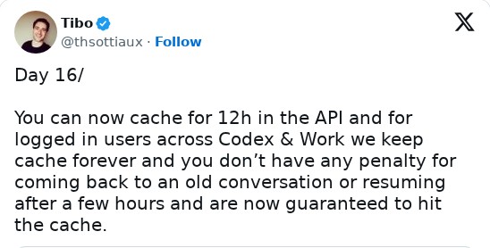 Tibo Sottiaux on X: cache for 12 hours in the API, kept forever for logged-in Codex and Work users